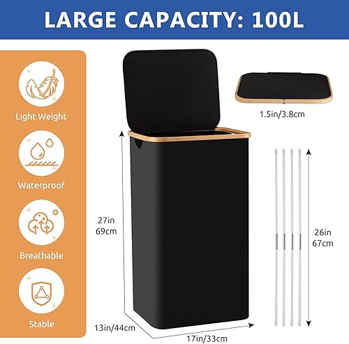 Miniatura 2 de Fiona's magic - Cesta grande para ropa sucia con tapa, cesta de lavandería de 100 litros de altura con asa, cesta de almacenamiento para ropa y