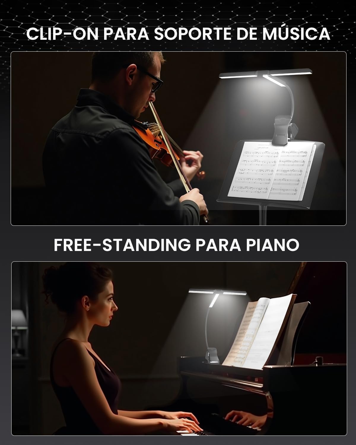 Ultra-Amplia 36CM Lampara Atril Partituras con Pinza, 57 LED Superbrillantes, 4 Colores x 3 Brillos, Plegable Forma-T Lámpara de Piano para Partituras y Lectura de Libros, Recargable USB-C