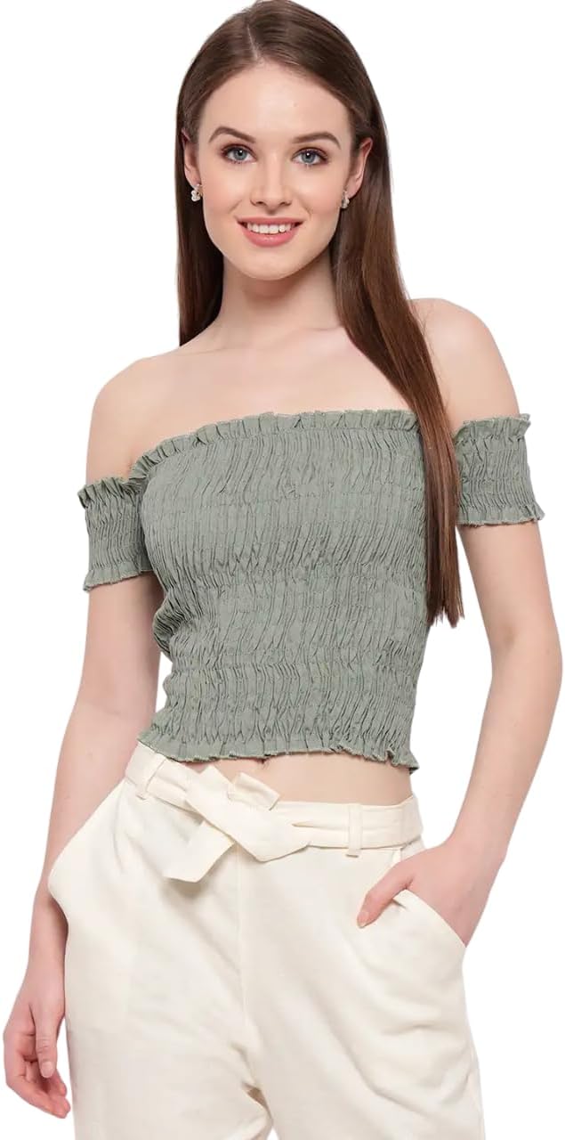 Bigdave Women's Rayon Solid Off-Shoulder Smocked Crop Top Short Sleeve Casual Styles Tank Top (Free Size) Multi27