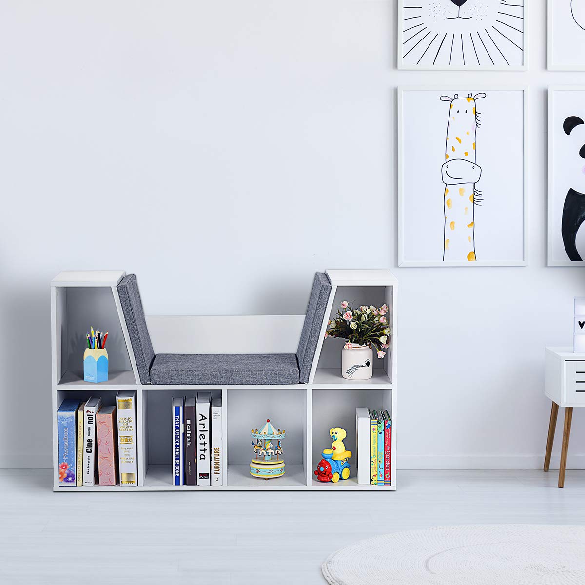 GYMAX Mobiletti per Bambini, Scaffale Libreria in Legno, Seduta con Cuscino, Carico 80 kg, Bianco, 102,5 x 30 x 63,5 cm