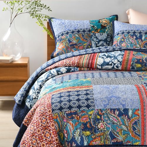 Secgo Queen Comforter Set for Bed - 100% Cotton Quilts Queen Size, Navy, Bohemia Bedspreads (90 * 98 Inch) with 2 Pillow Shams, Patchwork Reversible Lightweight Bedding
