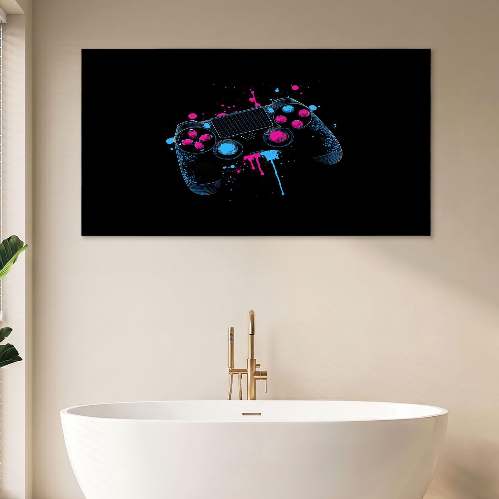 Générique Impression sur Toile Style Esport 140 x 70 cm Cadre en Bois Tableau Affiche Décoration Murale - Noir Jeu Manette pour Salon, Chambre, Couloir & Salle de Bain, Déco Maison
