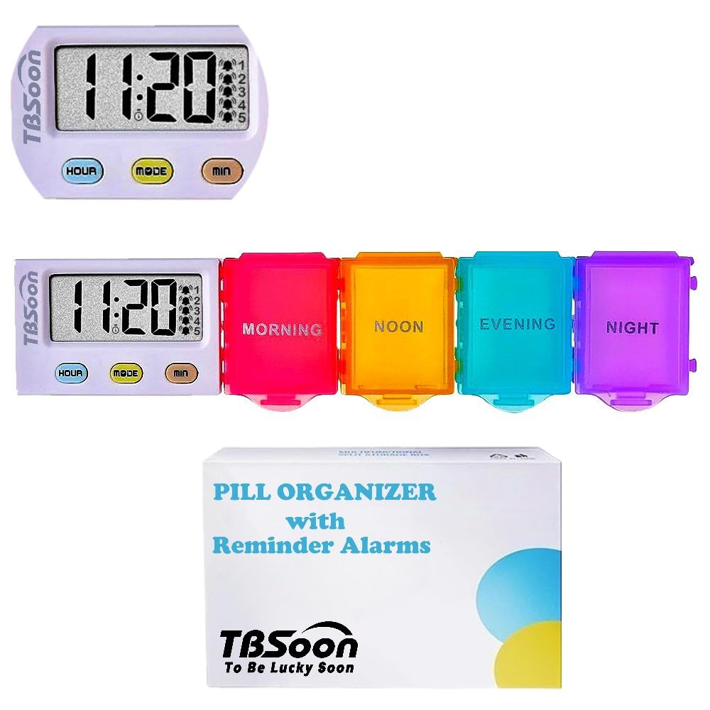 [4 in 1] 1 Day 4 Times Medicine Pill Organizer +5 Alarms + Timer+ Clock, Large Compartments,Loud Sound,Large Screen, Moisture-Proof,Dust-Proof, Travel Daily Pill Box/Organizer/Case/Container/Dispenser