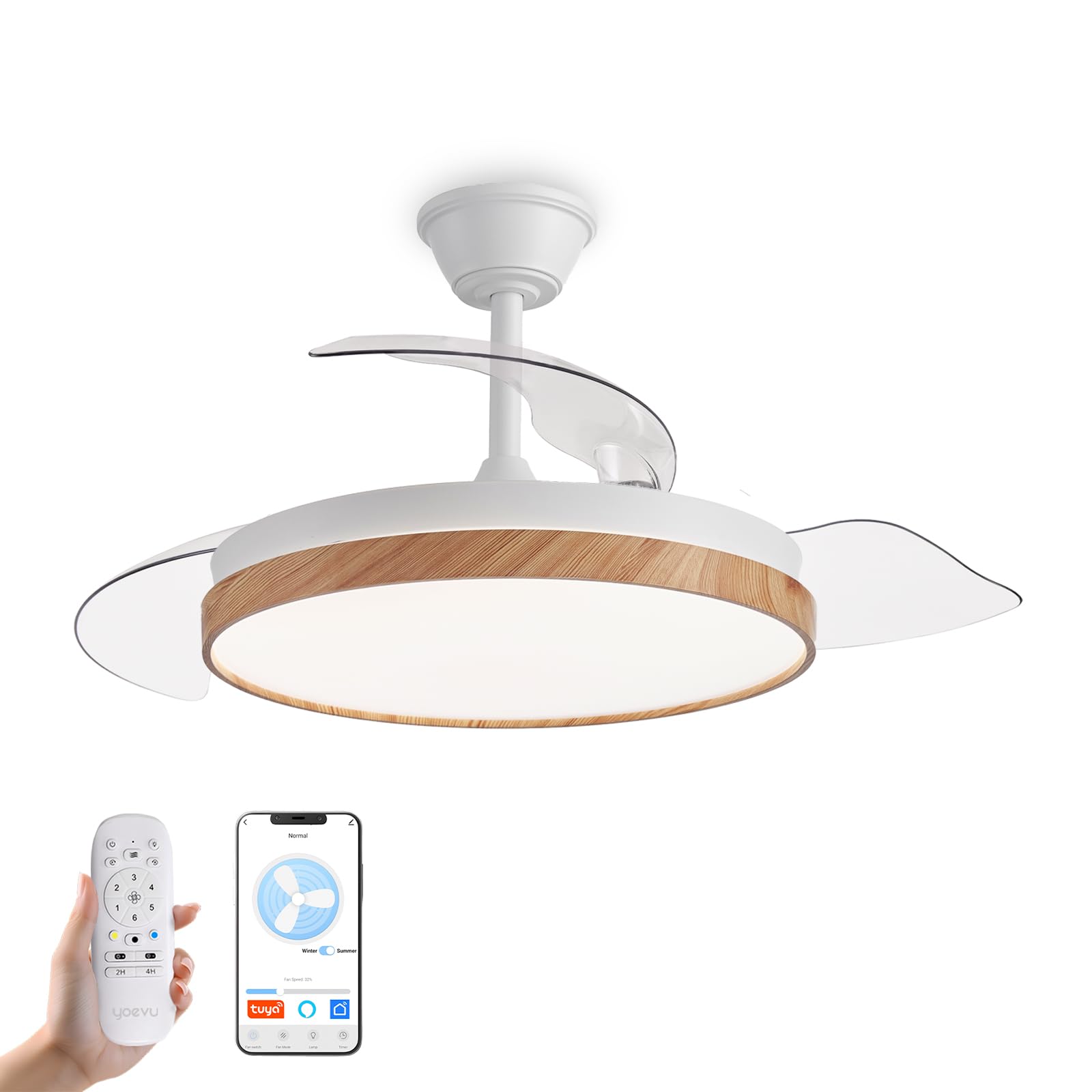 YOEVU NATURE - Ventilador de Techo con Luz | 72 W | Compatible con Alexa y App | Luz LED Regulable | Aspas Retráctiles | Función Invierno/Verano | Madera, ABS
