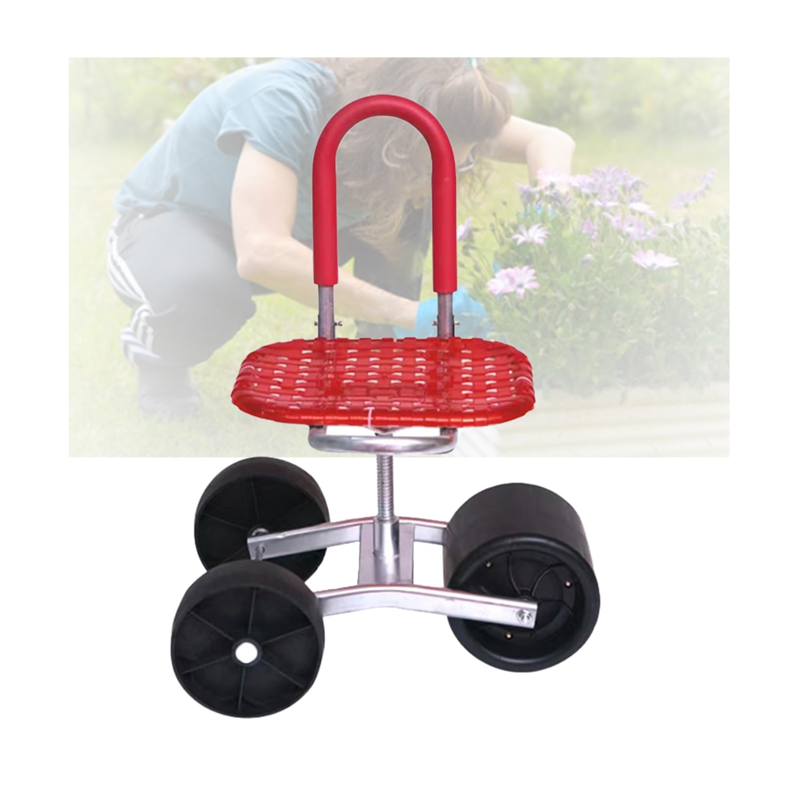 Sgabello da giardinaggio regolabile, capacità 150 kg, schienale pieghevole, 3 ruote, per giardino e patio, comodo e portatile (rosso)