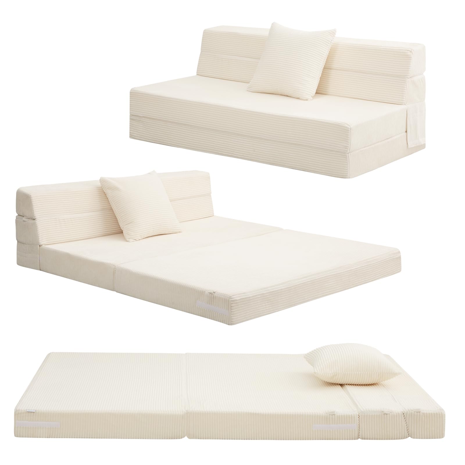 MeMoreCool Folding Mattress Double 190x135cm, High Density Foam Fold Out Sofa Chair Z Bed, Foldable Futon Mattress, Floor Lounger Guest Couch Bed for Sleeping, Travel, 13cm Thick, Beige