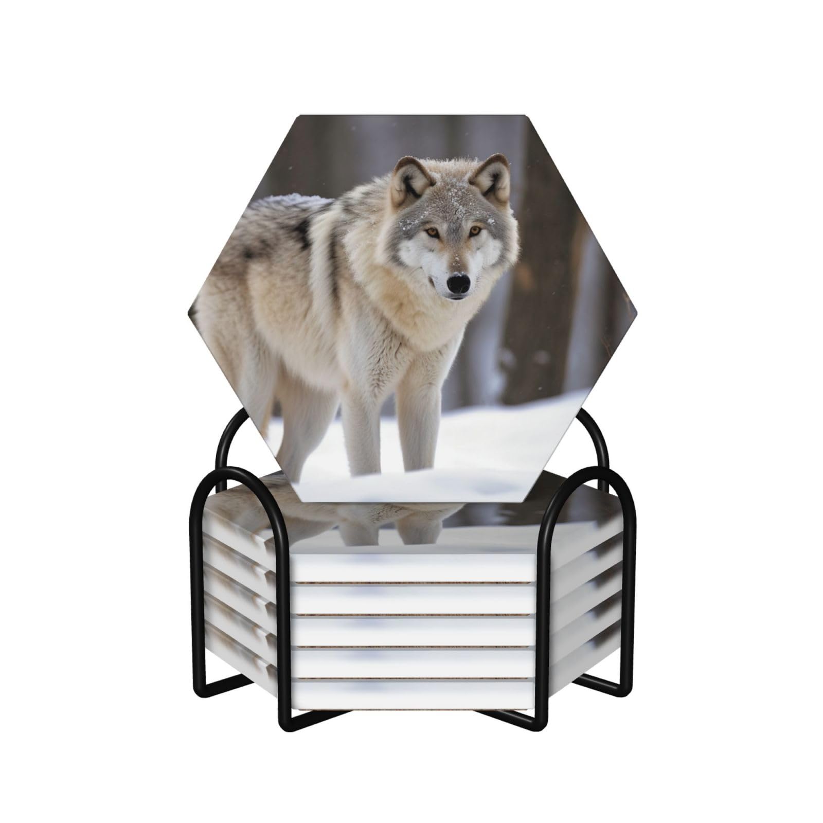 6Pcs Ceramics Coaster for Drinks, Wolf in the Snow Cup Coasters with Holder, Aesthetic Drink Coasters for Coffee Table, Absorbent Round Coaster for Tabletop Protection 4" Cup Mat Pad