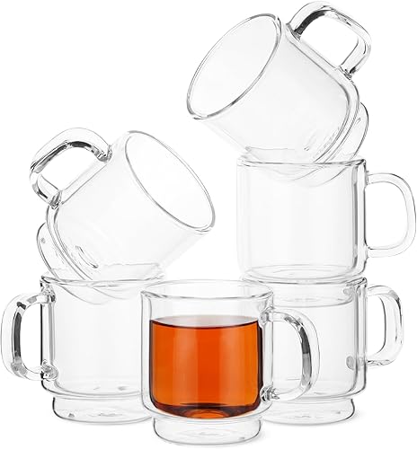 Miniatura 13 de BTAT - Tazas de café de vidrio apilables de doble pared, 12 onzas, juego de 4, tazas de café de vidrio con asa, taza de café transparente aislada