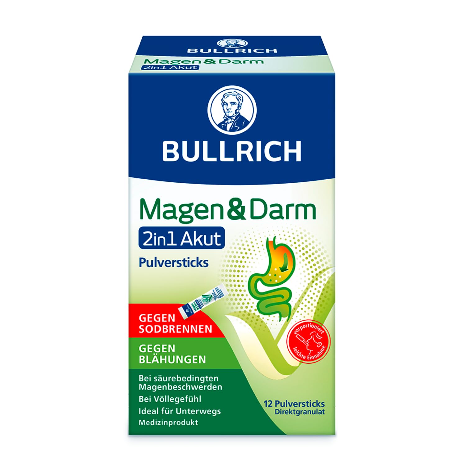 Bullrich Magen & Darm 2in1 Akut | Gegen Sodbrennen und Blähungen | Ideal für unterwegs | vegan | 12 Pulversticks