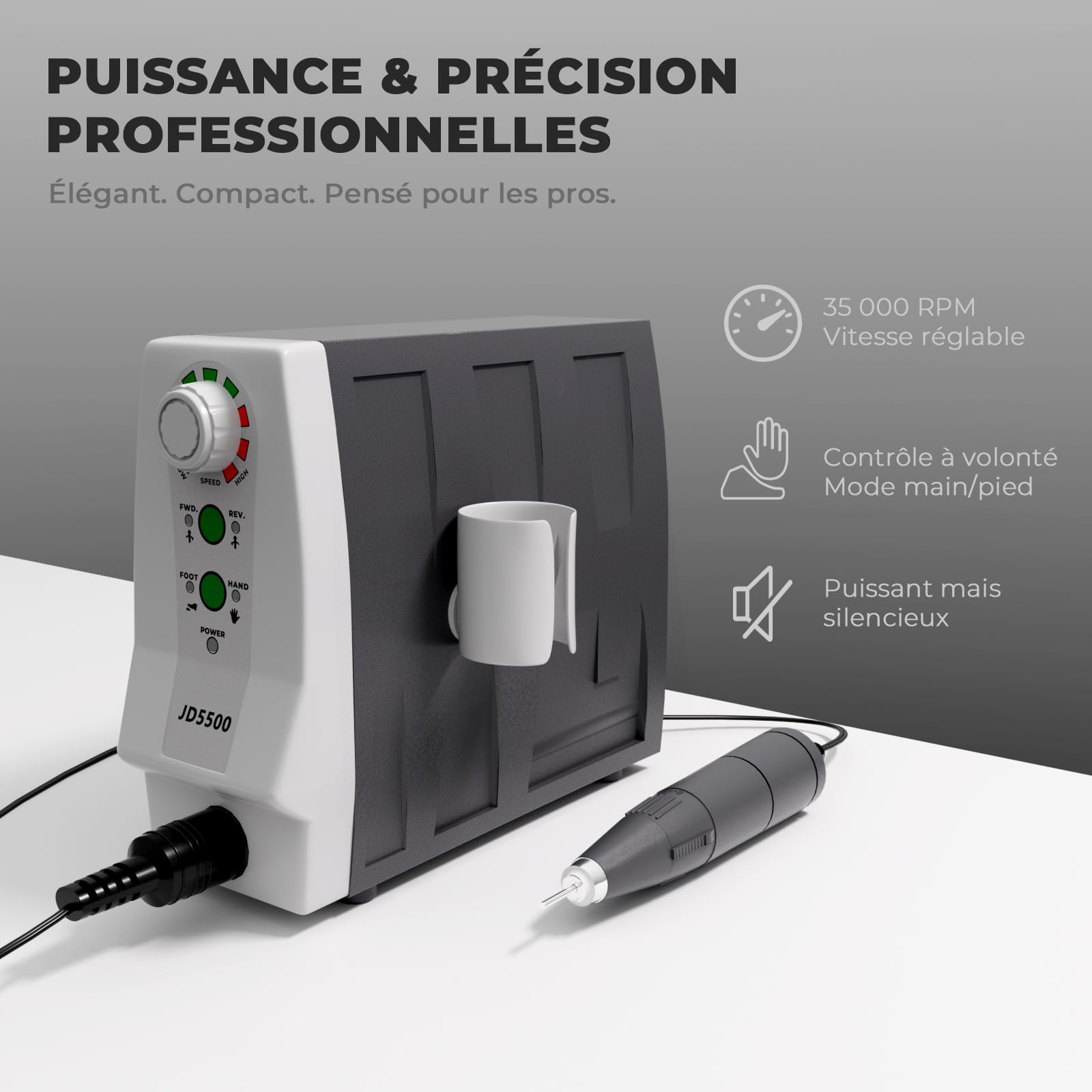 JSDA Ponceuse à Ongles Professionnelle 35000 tr/min, 85W, Puissante, Silencieuse et Aucune Vibration, Equipée d'une Pédale - Manucure Pédicure Machine Idéale Pour les Salons de Manucure