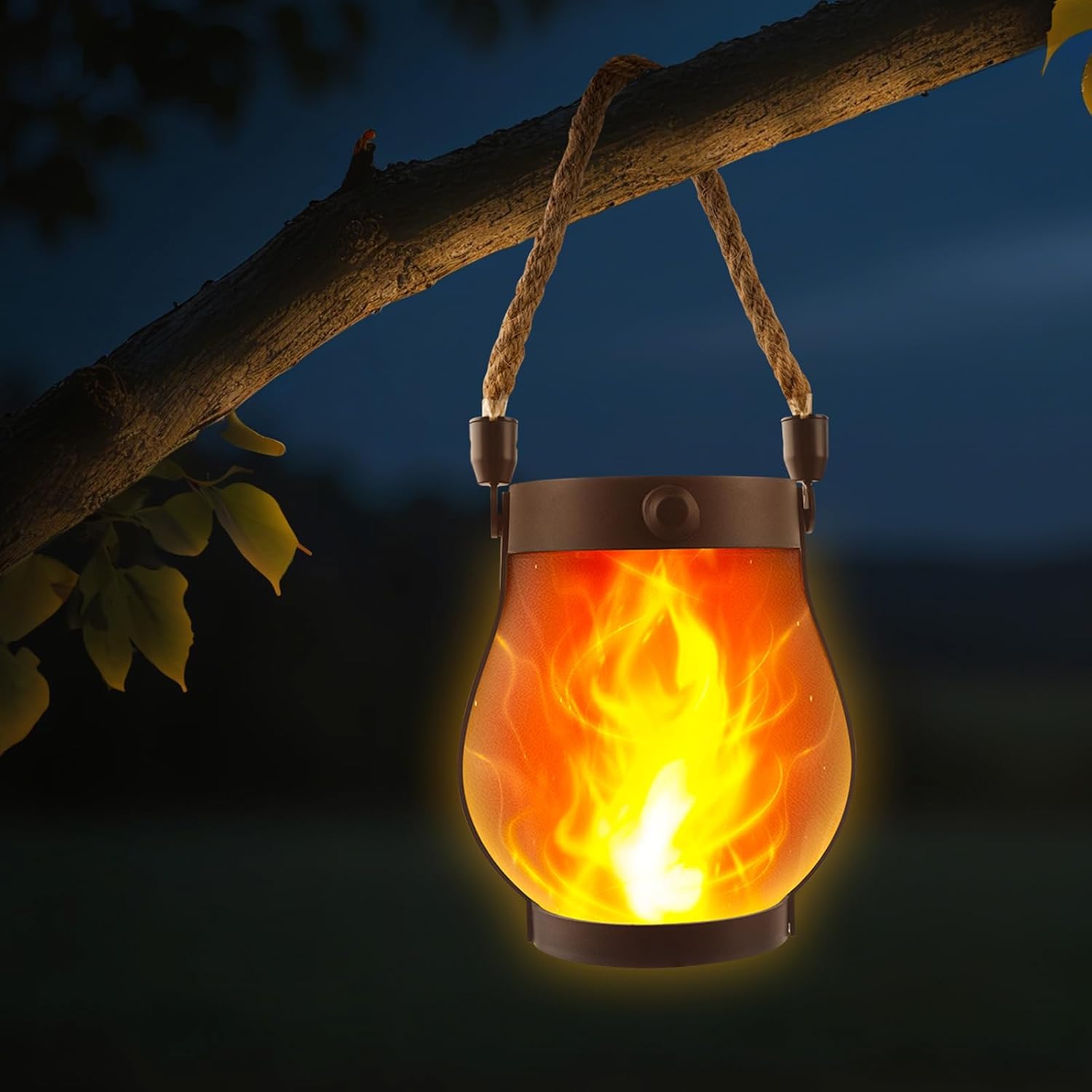 Solar Flame Lanterns for Outside, Dancing Flame Garden Lights with 2 Modes Dual Charging USB & Solar, Waterproof Hemp Rope Hanging Lanterns for Garden Yard Decorations (1pcs)