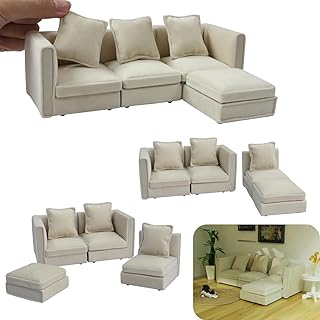 iLAND Dollhouse Furniture Miniature Sectional Couch Set Fit 1/12 Scale Accessories for Doll House Décor and 3 to 6 inches Doll Figure, Modern White Velvet Sofa Elegant & Classic