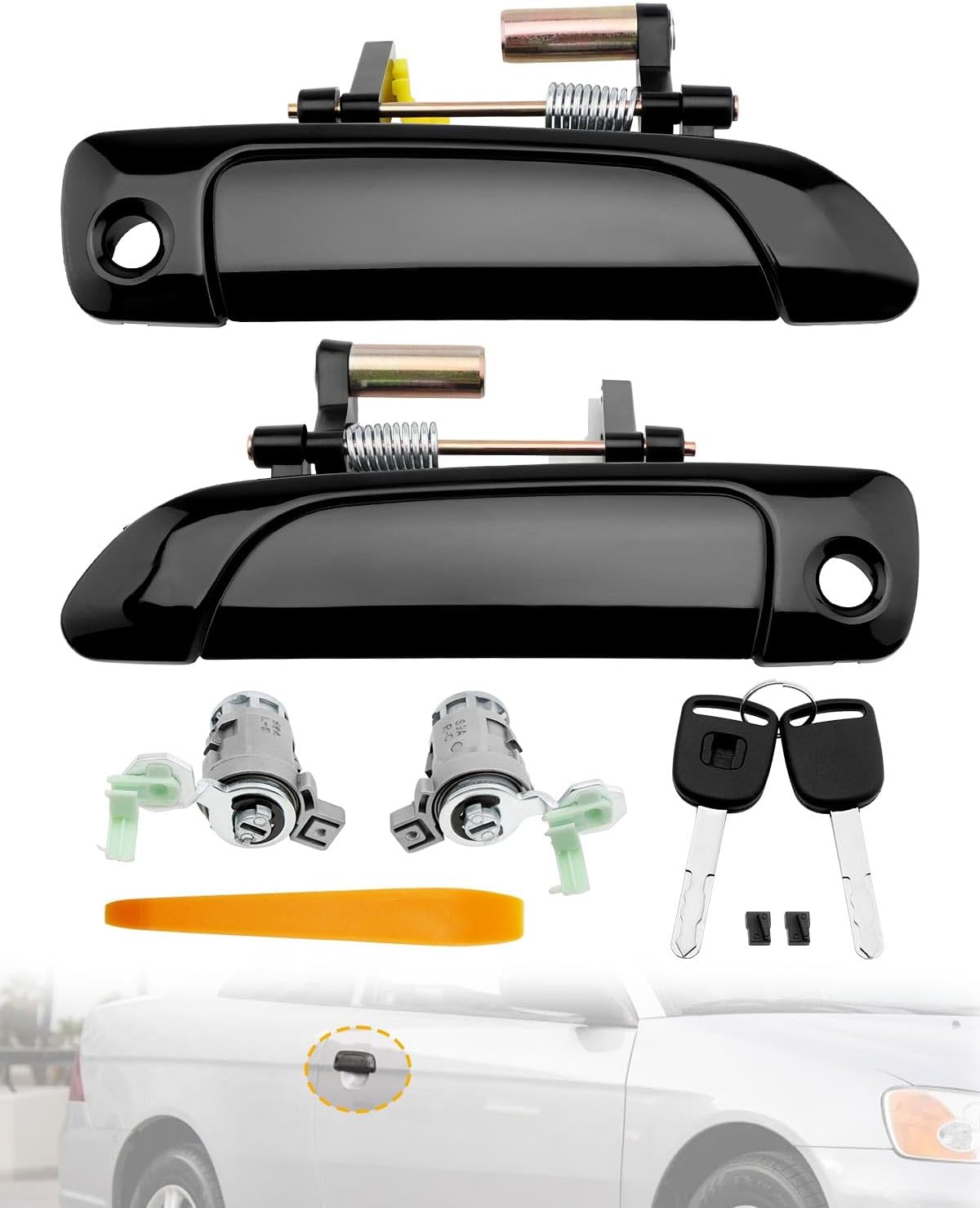 Exterior Front Door Handles w/ Lock Cylinder & Key, Compatible with 2001-2005 Honda Civic, Smooth Black Outside Front Left Driver & Right Passenger Side Door Handle Set, Replace# 72140S5DA02, 2PCS