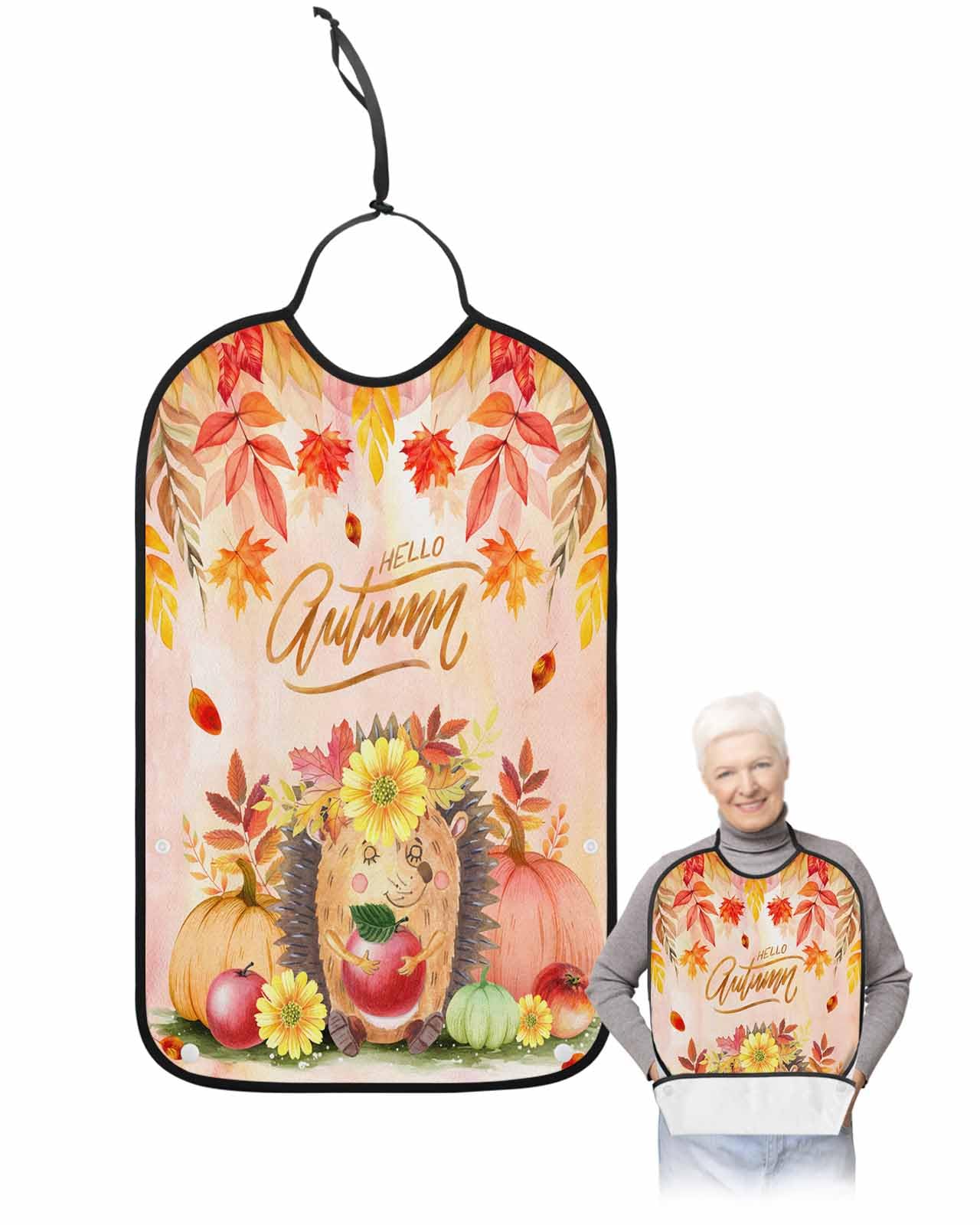 LEOKOTI Orange Yellow Fall Hedgehog Adult Bibs for Eating, Waterproof Bibs with Food Catcher & Adjustable Snap Closure, Maple Leaf Pumpkins Fruits Washable Clothing Protectors Adult Bibs for Elderly