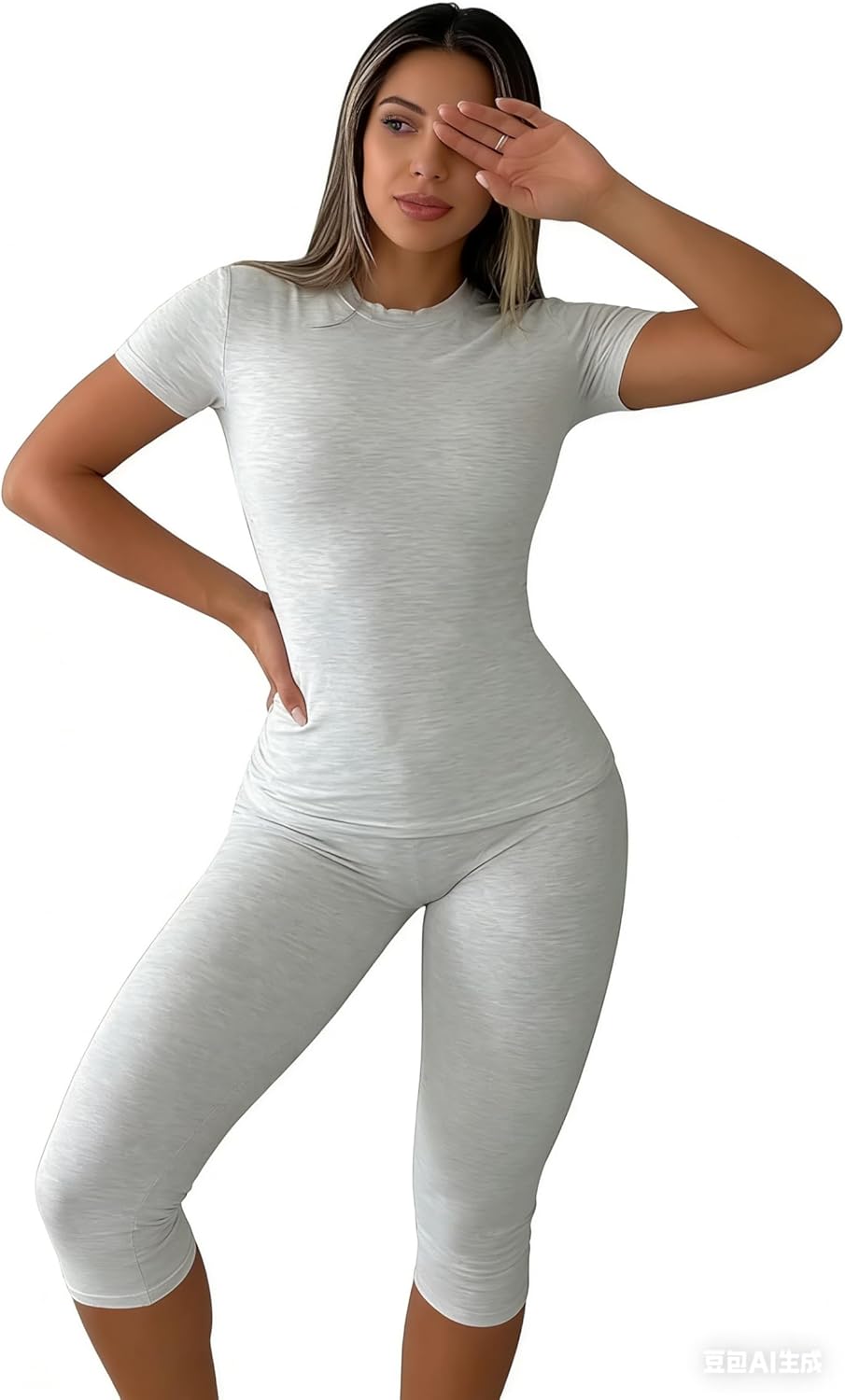 ZFLM casual sports women's two-piece set with short sleeves exposed navel high waistfoldable cropped pants sports suit - Image 6