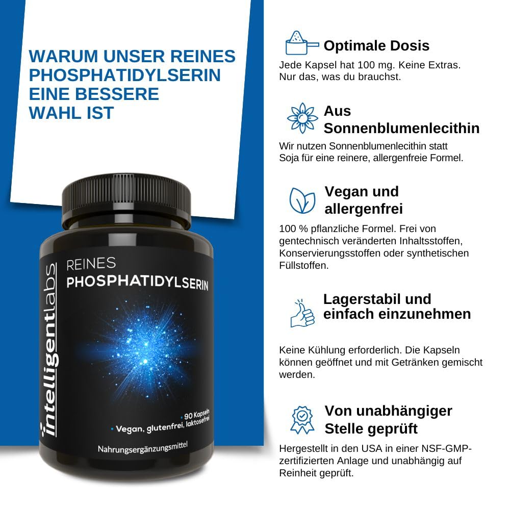 Intelligent Labs Phosphatidylserin-Nahrungsergänzungsmittel 100 mg, 90 hochwirksame Kapseln, 100% Soja und allergenfrei, reines Phosphatidylserin aus Sonnenblumenlecithin