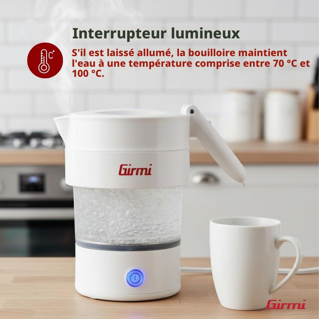 Girmi BL03 Bouilloire pliable de voyage, carafe en silicone, capacité 0,6 litre, 600 W, peu encombrant, sans BPA, câble amovible, blanc