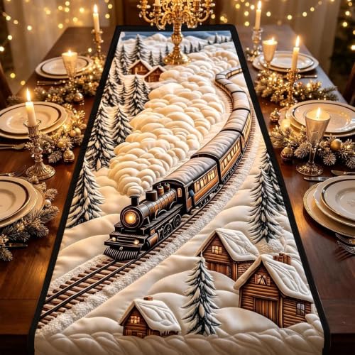 2D Christmas Table Runner&Steams Train Snow Pines Trees Sign, Table Decor - image 1