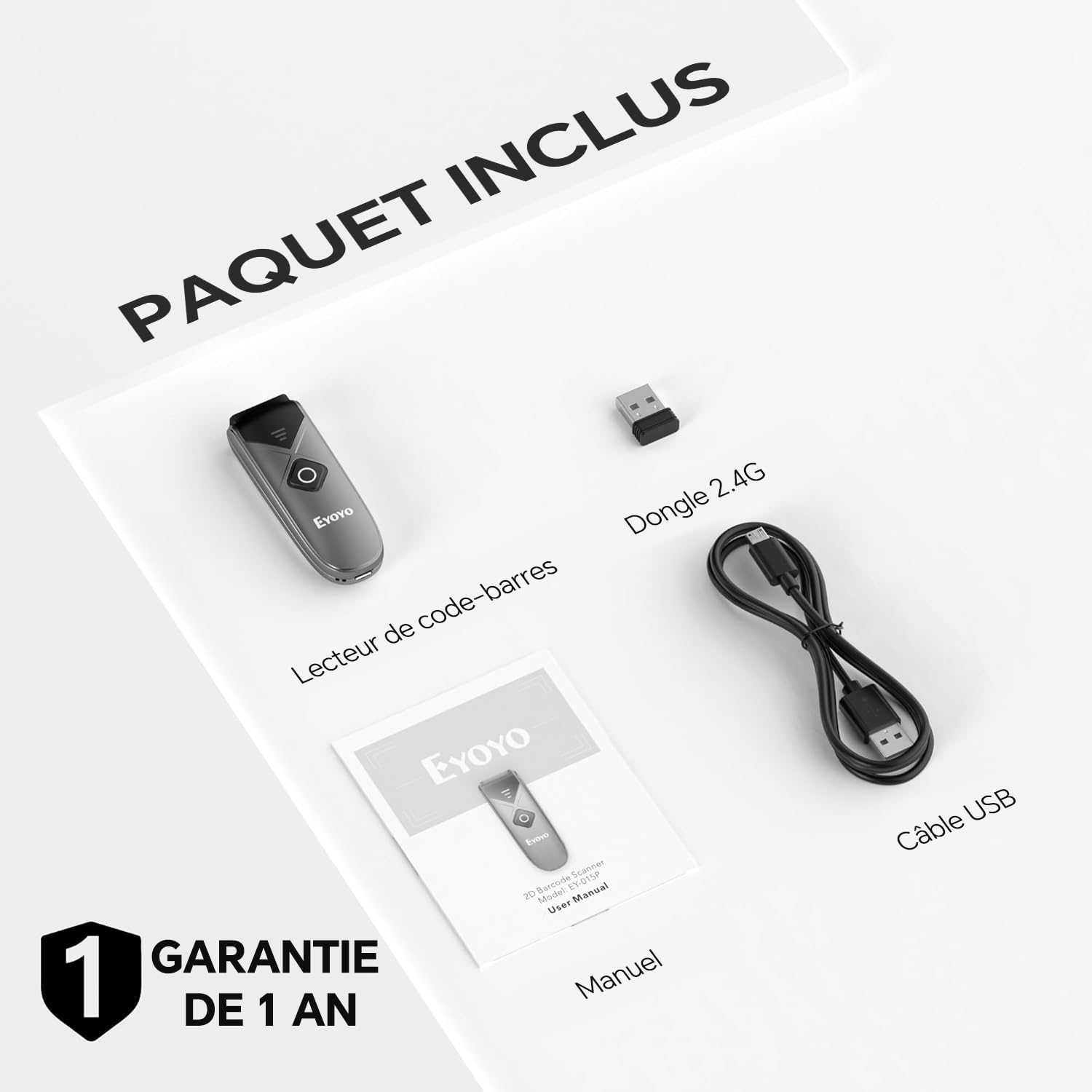 Eyoyo Bluetooth 2D&1D Barcode Scanner, Mini Lecteur de Code-Barres Portable sans Fil avec Connexion USB/Bluetooth/2.4G, PDF417 Data Matrix
