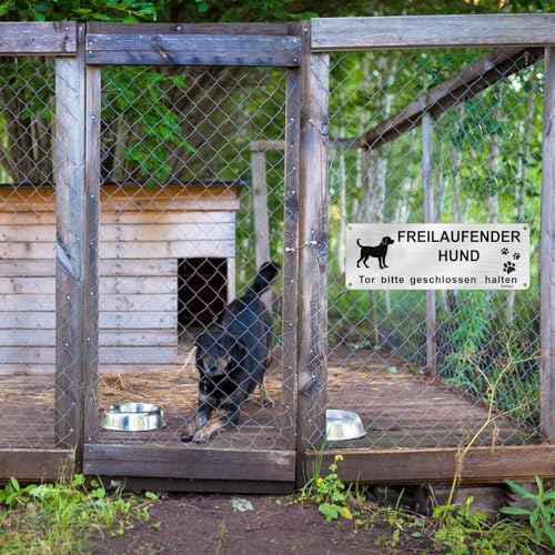 Vorsicht Freilaufender Hund, 1 Stück Achtung Hund Schild, Schild Warnung vor Dem Hund, Warnschild Hund Aluminium mit Selbstklebend und Vorgebohrten Löchern, 25x 9cm, Innen/Außen