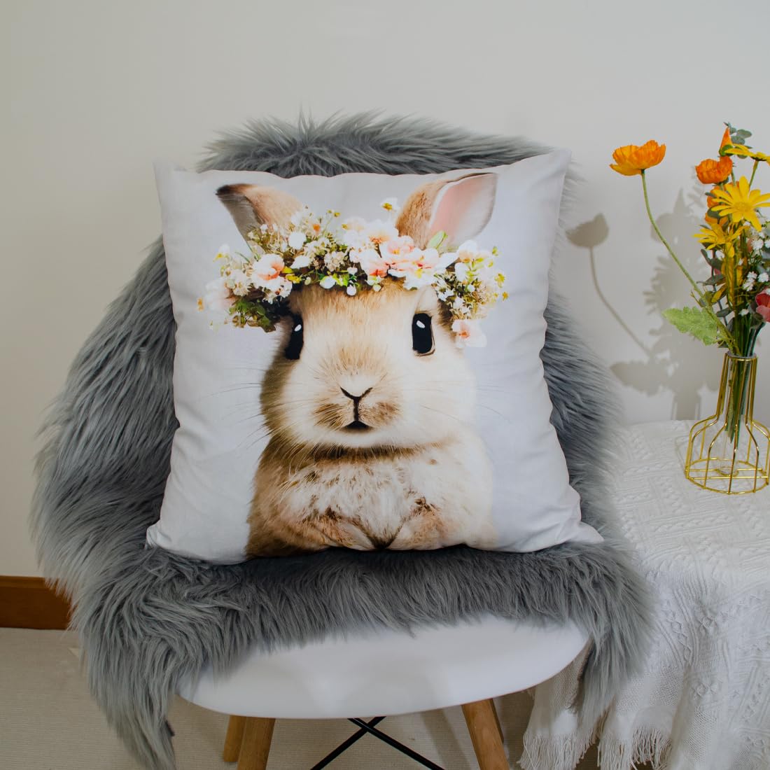 DILOXNSU Funny Bunny Cushion Cover Cute Animal Rabbit in Floral Bouquet Pillow Cover 45 x 45 cm Home Decorations Cushions for Livingroom Couch Sofa Decor Throw Pillow Case 18"x18" - Image 2