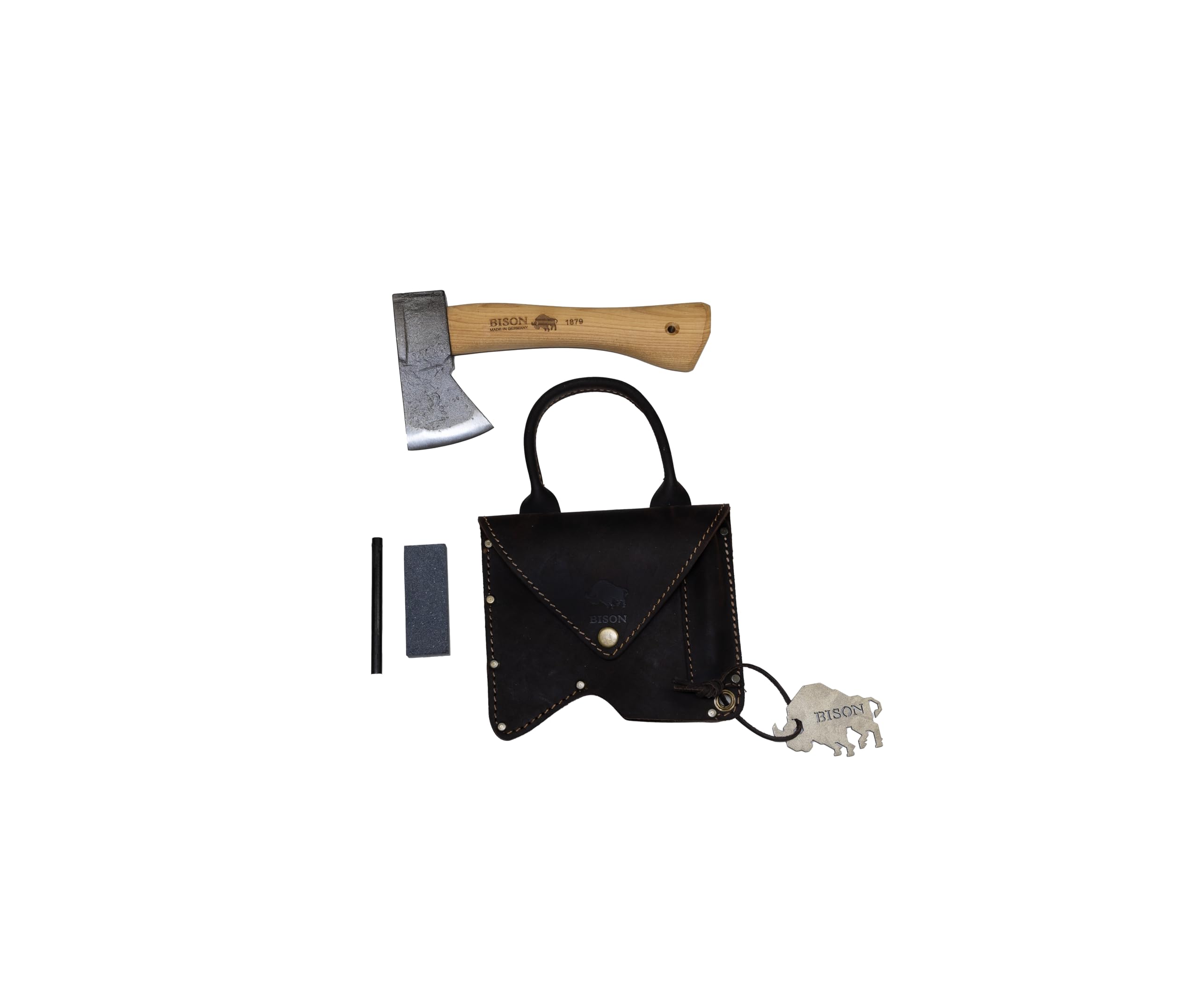 Bison Trekkingbeil Set 550g I Kleines Outdoor Beil mit kurzer Stiellänge 250mm I Beil mit 3-Fach Sicherheitsverkeilung mit Leder-Gürteltasche, Feuerstahl & Duo Schärfstein, Natur