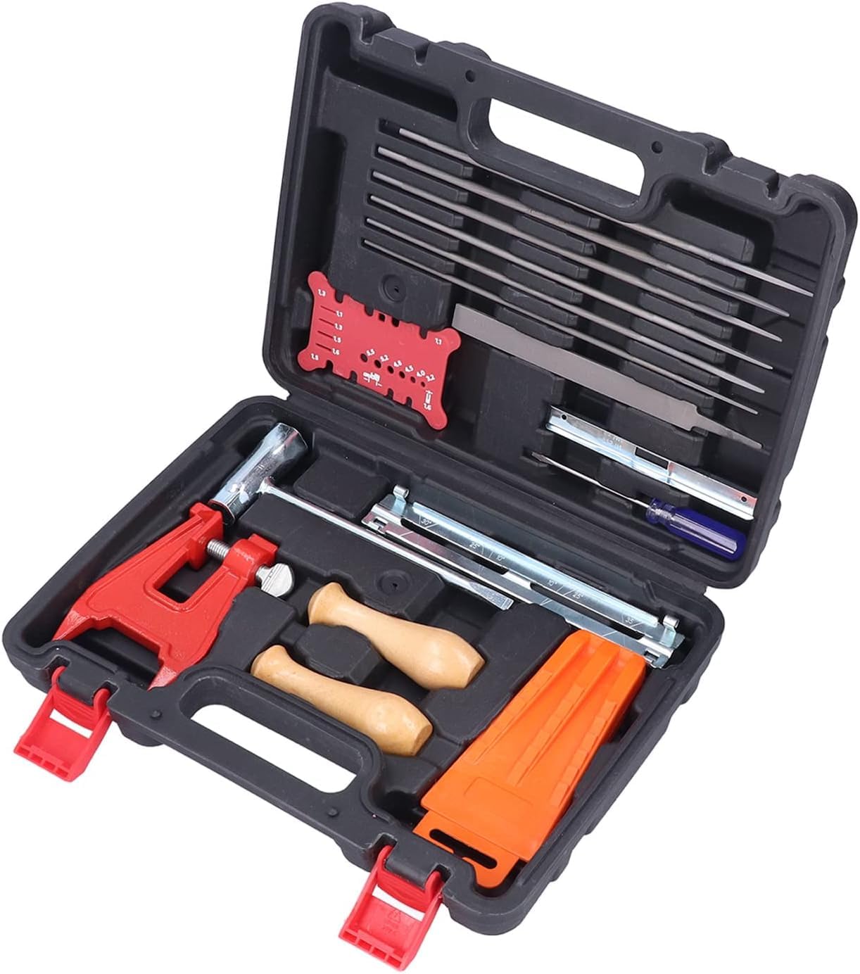 Kit de afilado de cadena de motosierra de 16 piezas, juego de herramientas de afilador inalámbrico con limas planas redondas, soportes de archivos y cuñas de tala para mantenimiento de barra guía en