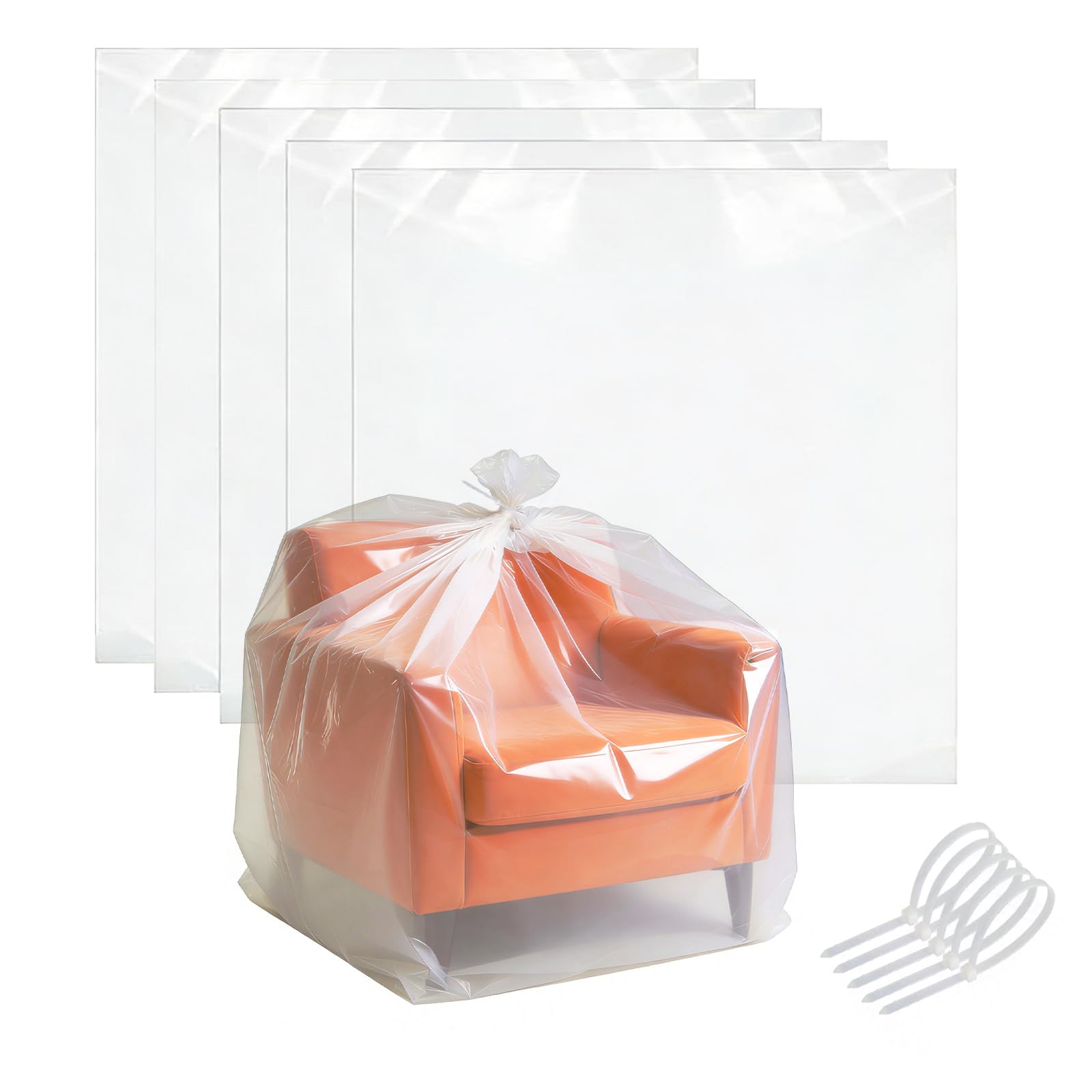 Extra Large Clear Plastic Bags - 150 x 150cm 5 Pack Heavy Duty Large Plastic Storage Bags with Zip Ties, Thick Clear Polythene Bags for Furniture Clothes Suitcase Moving and Storage