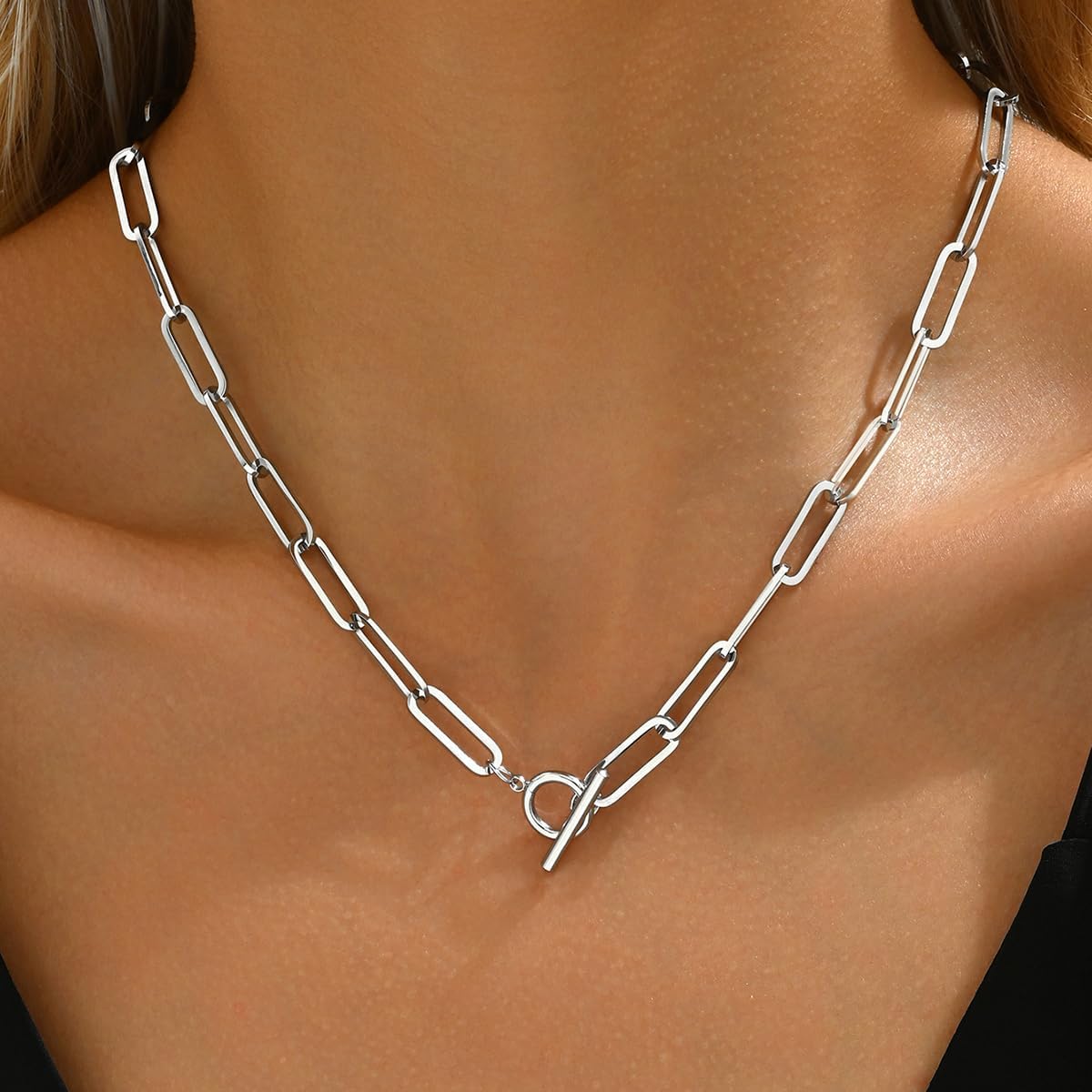 Vergoldete klobige Kette für Damen, zierlicher kubanischer Büroklammer-Knebelverschluss, Dicker, Trendiger Layering-Link-Edelstahl-Schmuck
