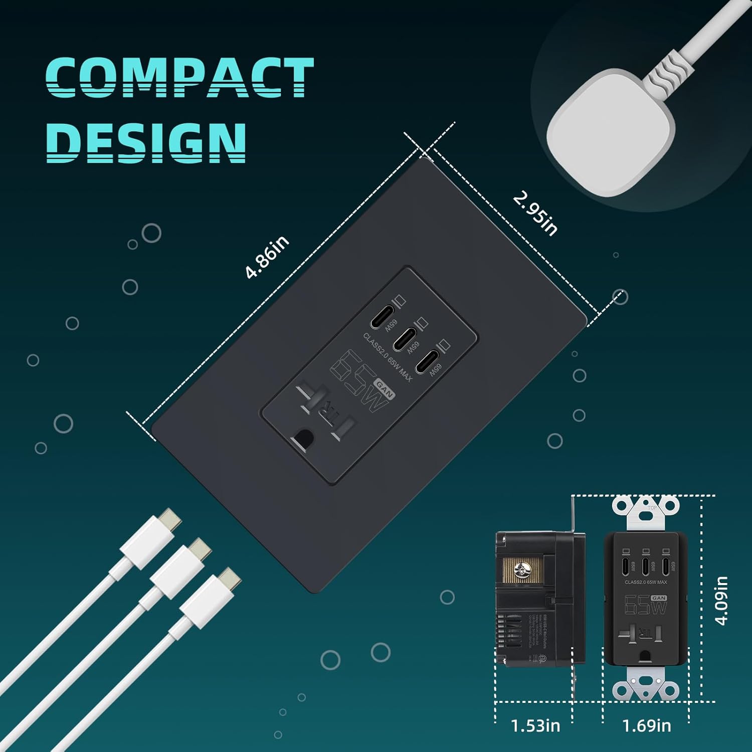 TOPELER 3-Ports USB Wall Receptacles, PD3.0 65W GaN USB C Charger Outlets, 20 Amp Tamper-Resistant Electrical Sockets, ETL Listed, Screwless Wall Plate Include, Black, 2 Pack