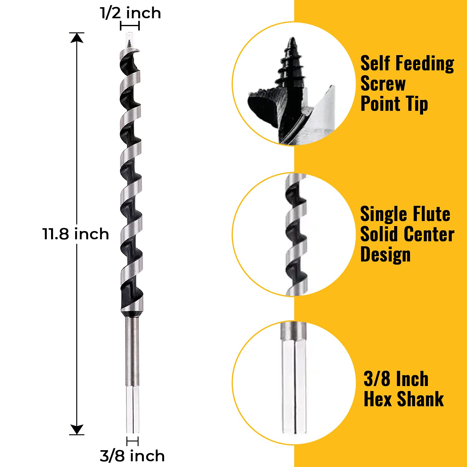 SOMADA 1/2-Inch x 12-Inch Auger Drill Bit for Wood, Hex Shank 3/8-Inch, Ship Auger Long Drill Bit for Soft and Hard Wood, Plastic, Drywall and Composite Materials - - 