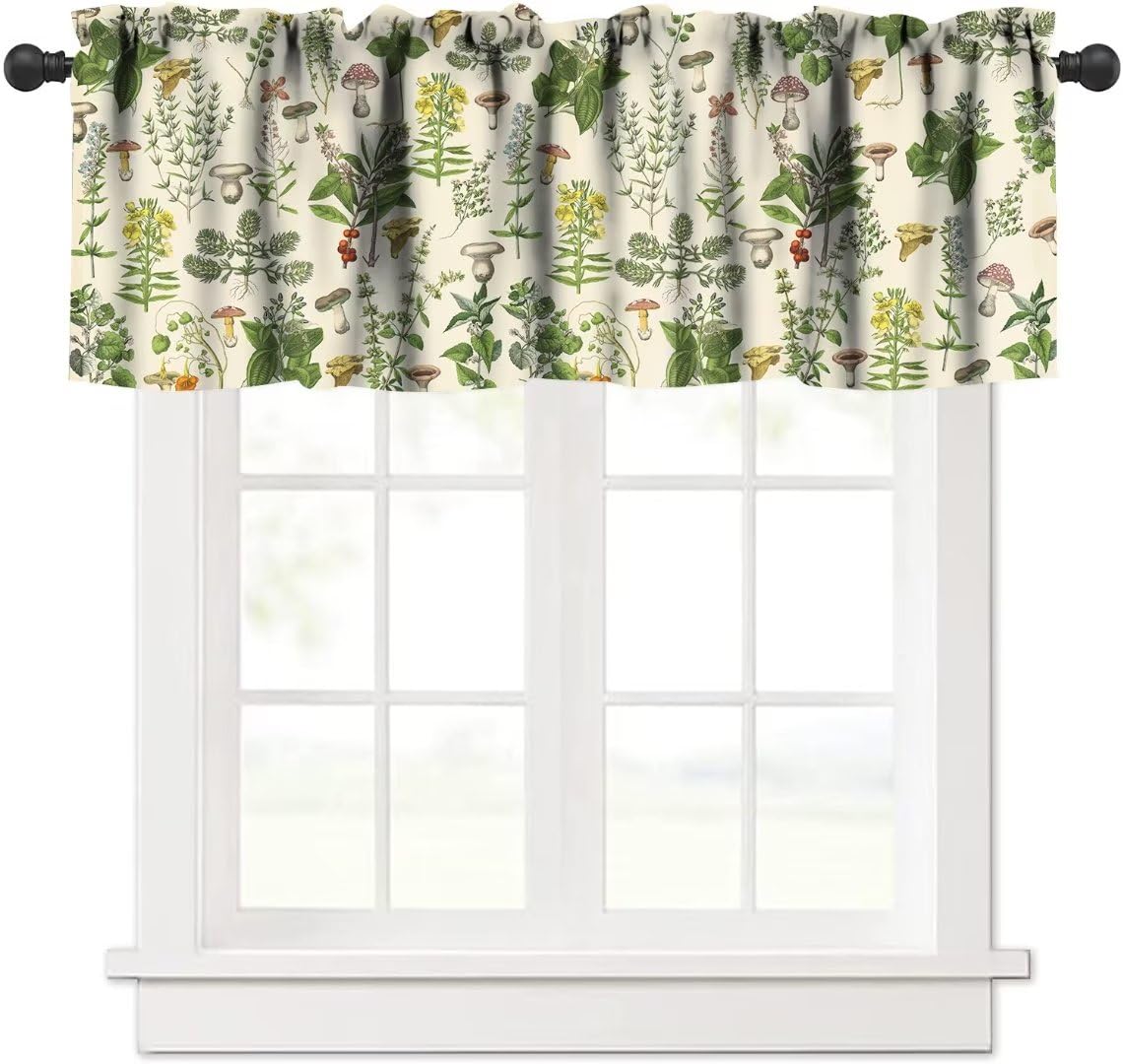 Vintage Botanical Valance Curtain, Antique 1900s Plants Herbs Mushroom Retro Wildflower Green Leaf Ferns Print Short Window Treatment for Farmhouse Kitchen, 54x18inch