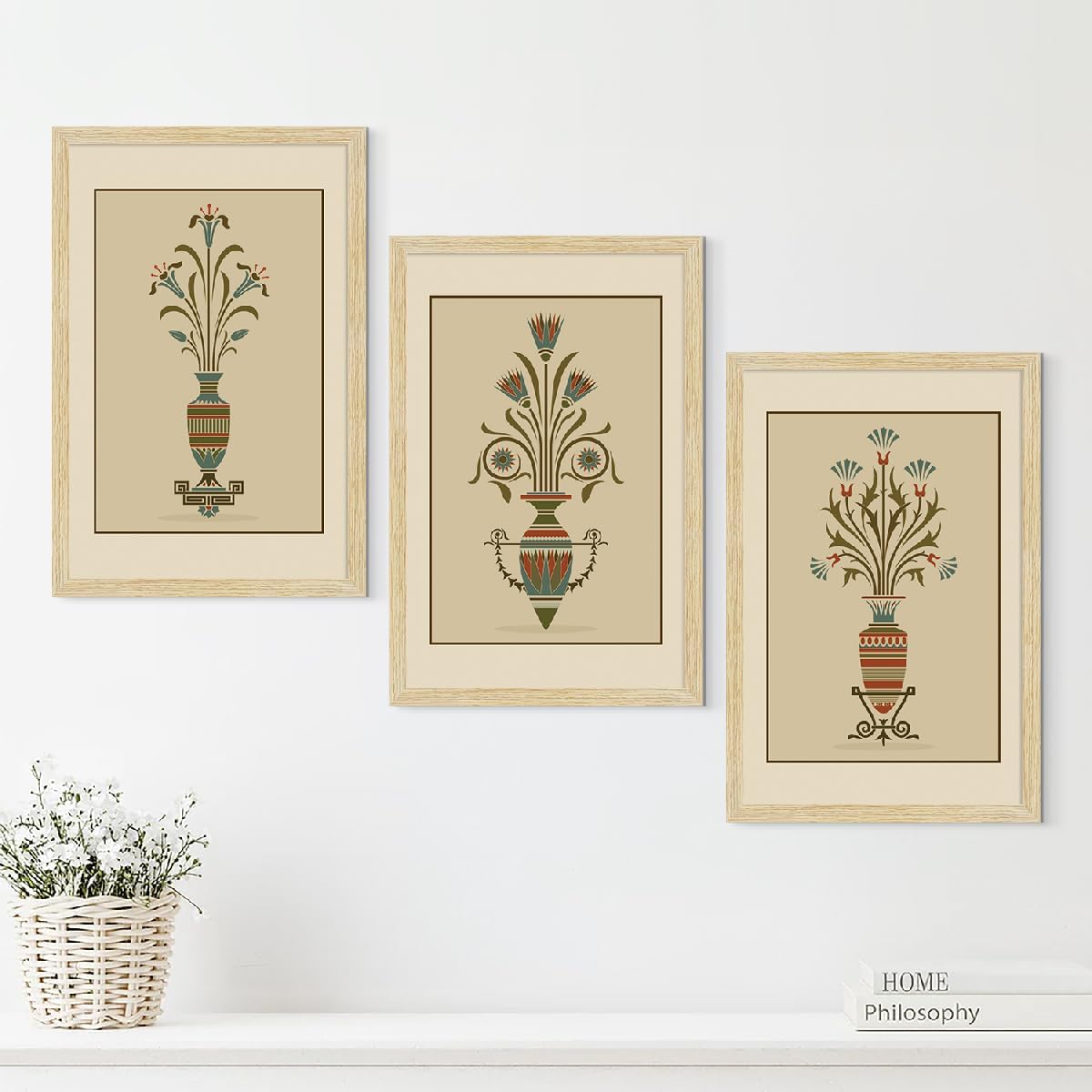ArtX Paper Vintage Paintings with Frame for Home Decor Wall Art, Wall Painting for Living Room, Multicolor, Natural Wood Color Frames, 12.0x18.0 inch, Set of 3