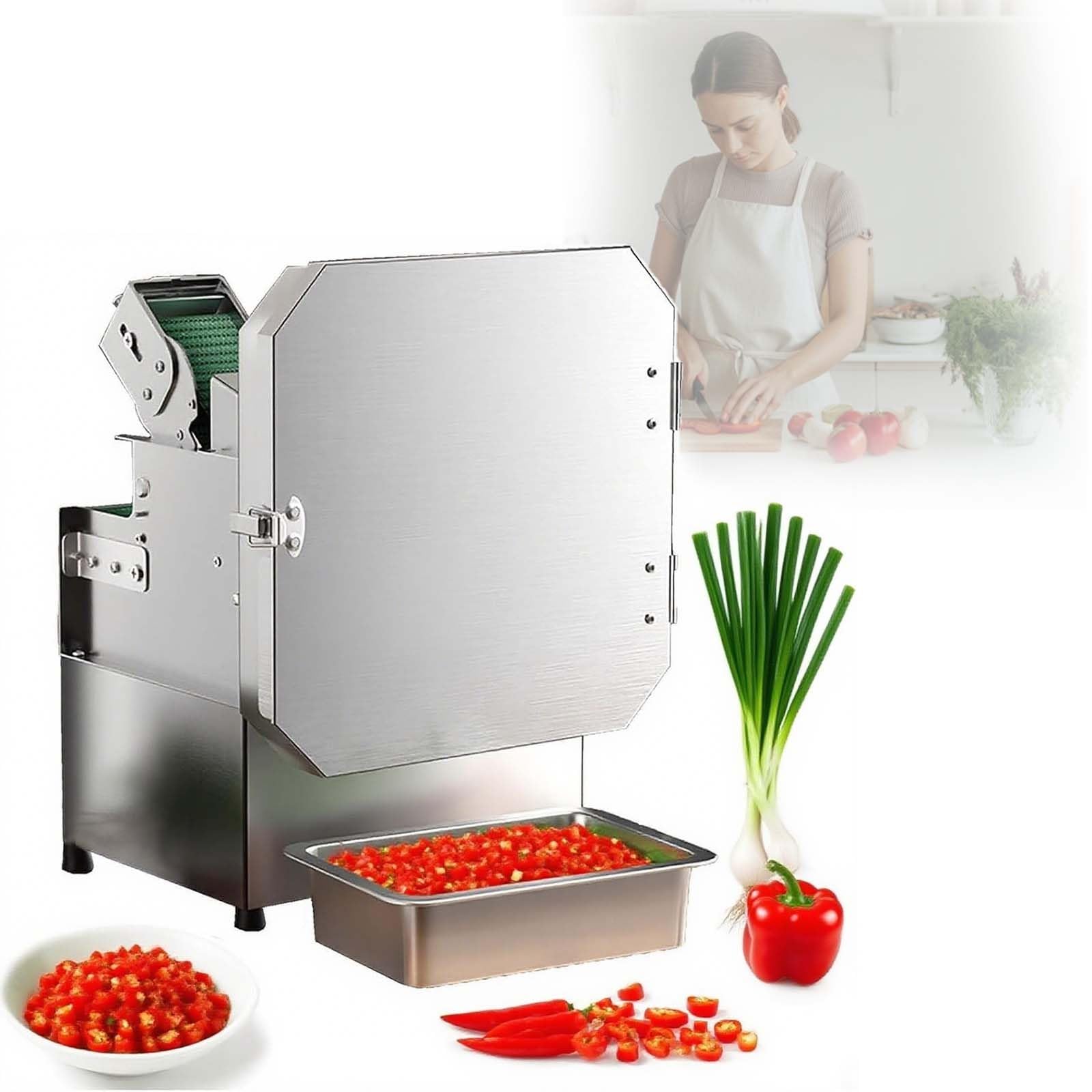 Cutter Verdure Commerciale 300W, Robot Da Cucina Professionale per Cipolle, Porri, Spinaci, Sedano, 150-300kg/h, Spessore 1.5-35mm Regolabile, Cucina Hotel Ristorante