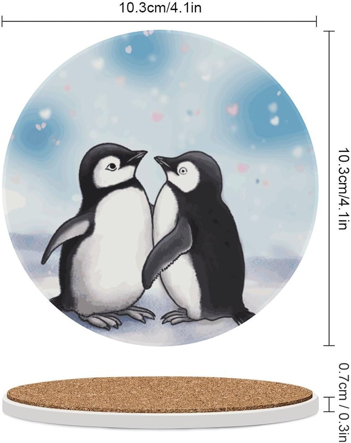 6PCS I Love Penguins Coasters Non-Slip Round Drink Coasters with Ceramic Stone and Cork Base, Heat Resistant Absorbent 33.00Stone Coaster Set for Kinds of Mugs and Cups, 4 Inch