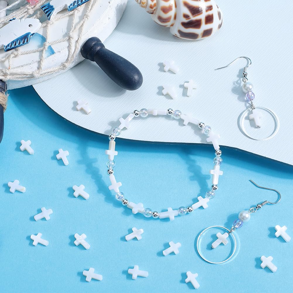 SUNNYCLUE 1 B0X 60 Pièces De Perles Croisées De 10mm Perles En Forme De Croix Blanche Coquillage Naturel D'eau Douce Vacances De Pâques Océan Été Petites Perles D'Espacement Crucifix En Vrac Pour