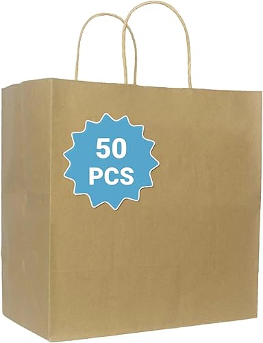 COGLARING 50 bolsas de regalo marrones con asas, bolsas de papel kraft de 11 x 5.9 x 11 pulgadas para fiestas, bodas, compras, comestibles, comida