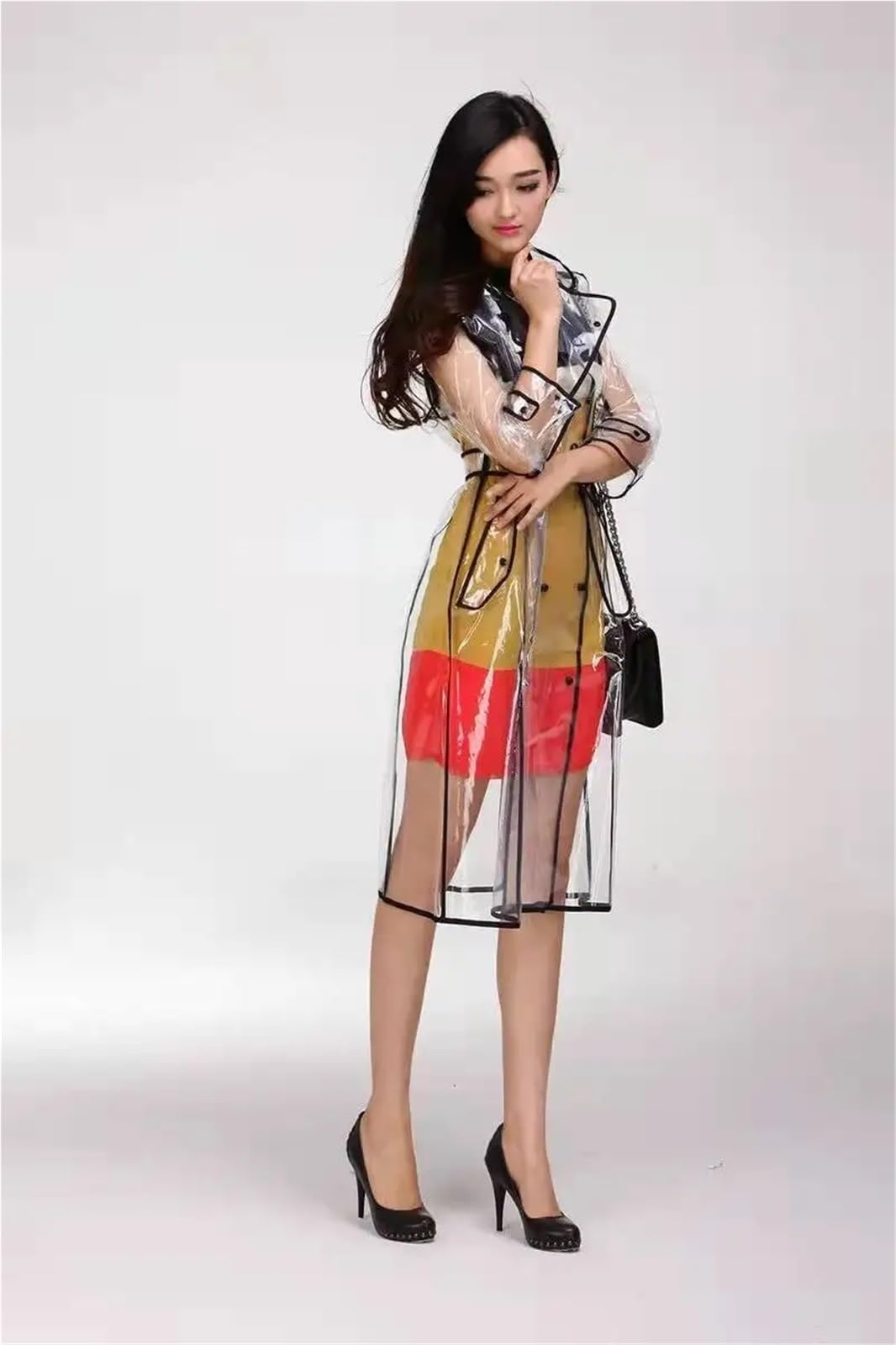 Poncho Antipioggia Impermeabile con cappuccio e cintura, impermeabile, in plastica trasparente, lungo, da donna, da uomo