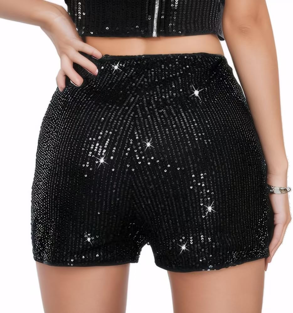 Women's Sequin Sparkle Elastic High Waist A Line Party Concert Shorts - Image 8