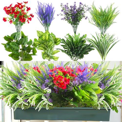 LEIMEND 22 Piezas de Plantas Artificiales Exterior Plantas Artificiales Realistas Adecuadas para la Decoración del Porche el Patio y el Jardín de la Casa