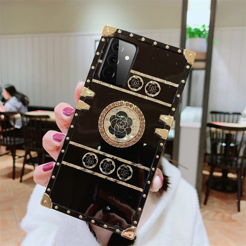 Image of for Samsung Galaxy A34 5G Trunk Case Luxury Box for Women Girls Design Gold Glitter Bling Cute Flower Pattern Soft Cover with Finger Ring Grip Kickstand Fancy Phone Skin,Black