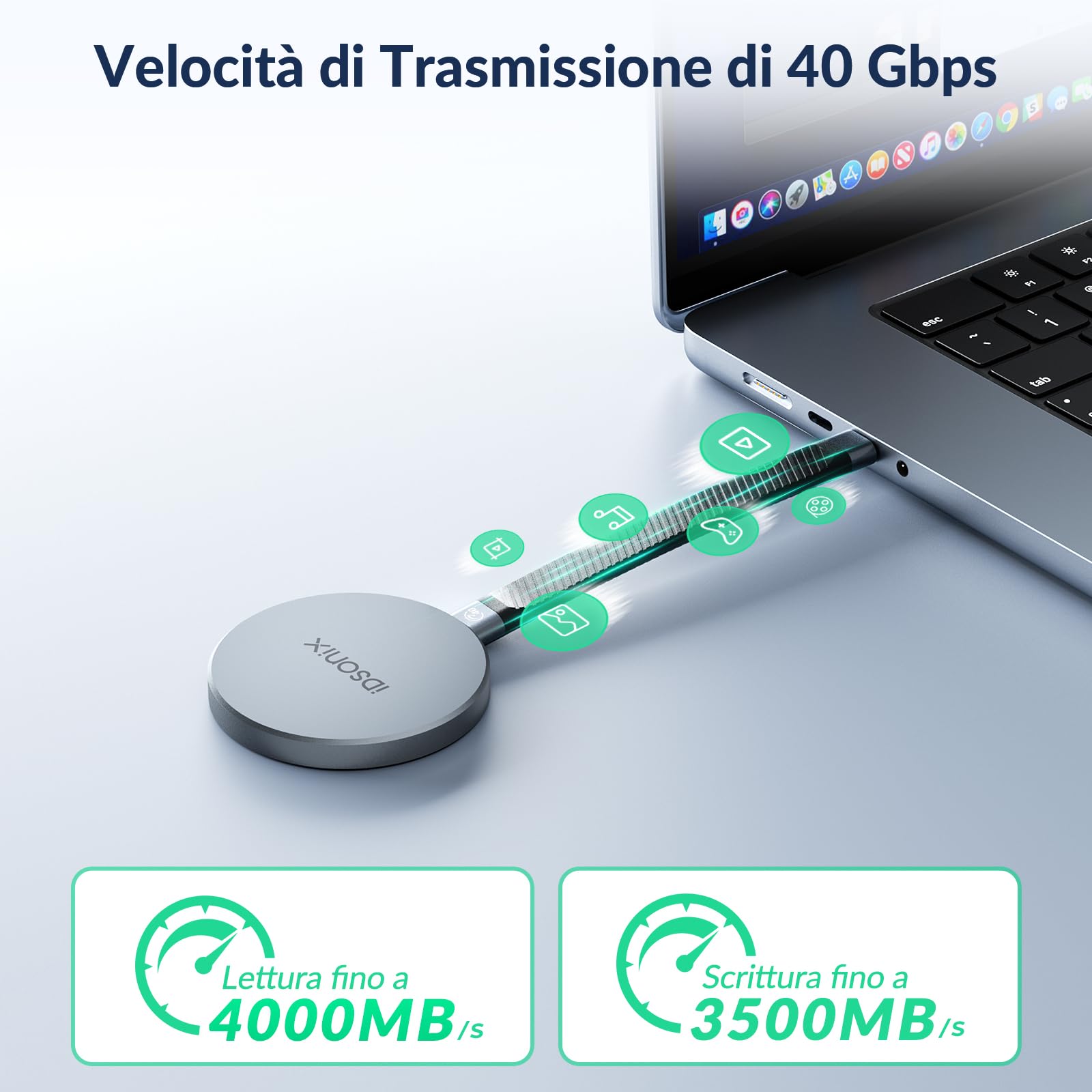iDsonix SSD portatile magnetico da 2 TB per iPhone, unità a stato solido esterna fino a 4000 MB/s, supporta ProRes HDR Record e Store, compatibile con tablet, laptop, fotocamera, iPhone 15 e superiori