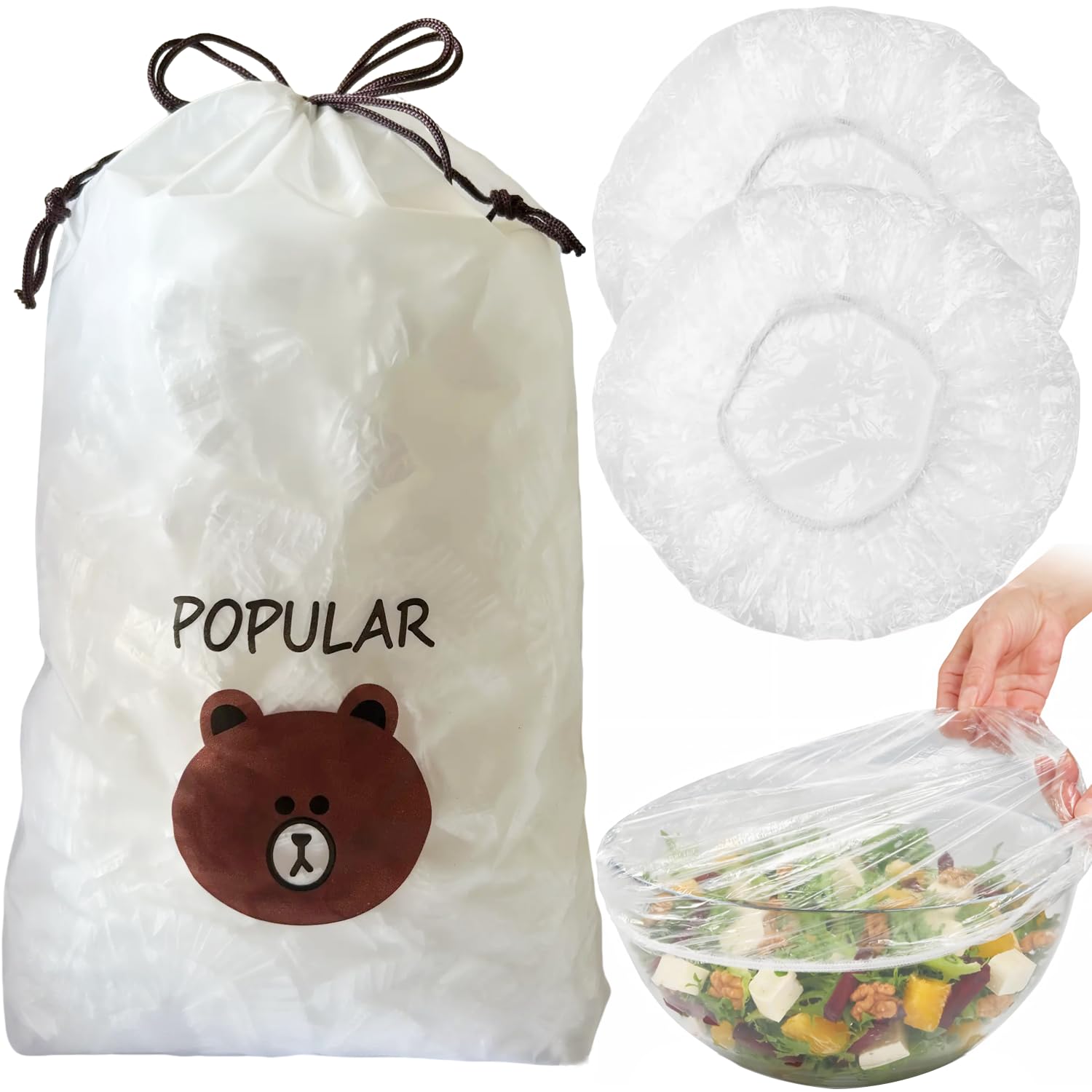 300 film transparente con elástico, cubiertas elásticas para masa, bolsas reutilizables de plástico, bolsas sellables para fermentación de masa, gorro de ducha (L-blanco)