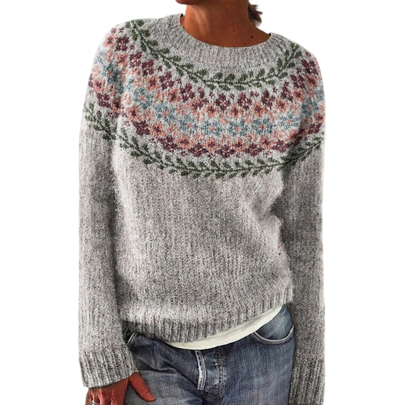 Womens Fair Isle Sweater Round Neck Long Sleeve Knit Sweater Tops Cozy Fall Winter Casual Pullovers