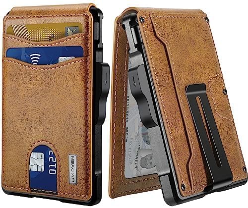 umoven Wallet for Men - with Money Clip Slim Leather Slots RFID Blocking Bifold Minimalist Wallet, Brown, Minimalist