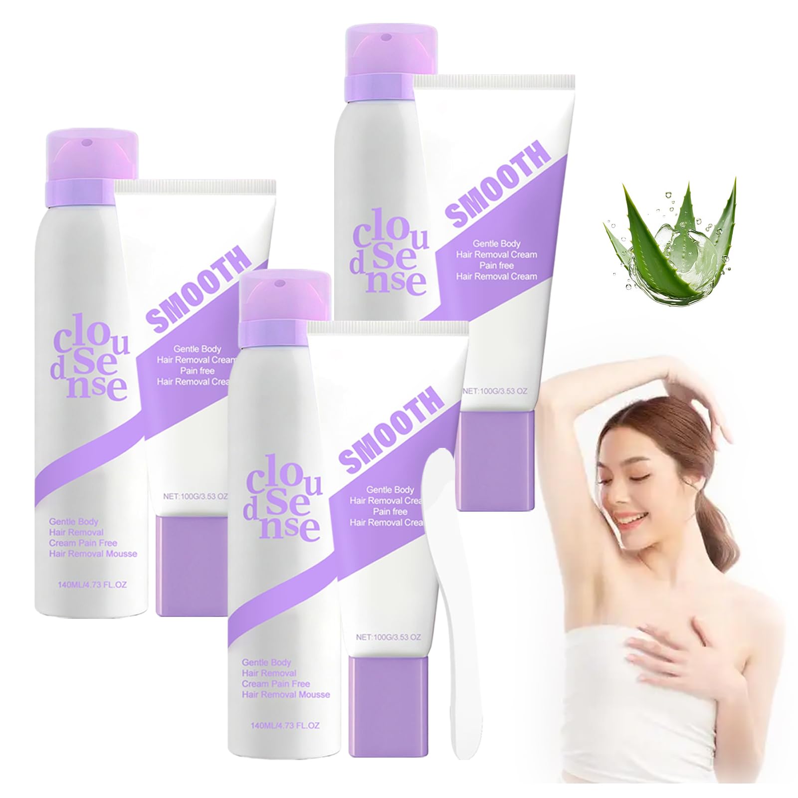 Cloud Sense Spray do depilacji, łagodny zestaw do usuwania włosów dla kobiet i mężczyzn, szybko działający, odżywczy, zmiękczający, bezbolesny krem do depilacji ramion, nóg, pach i linii bikini (3 szt