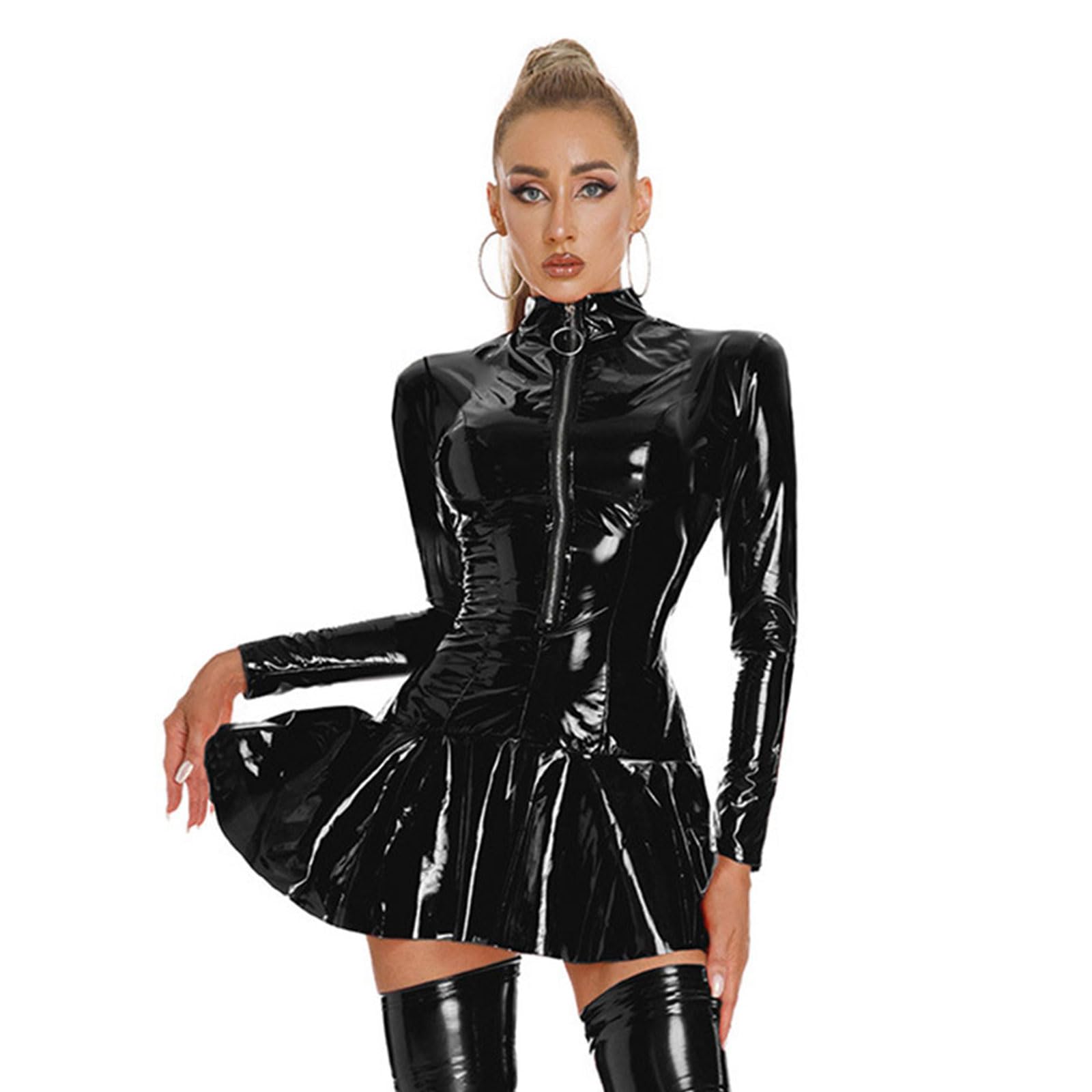 [Xinsheinelry] Faux Leather Wetlook Dress Metallic Shiny Pleated Long Sleeve Zipper Nightclub Party Costume Shiny Pleated Latex Dress