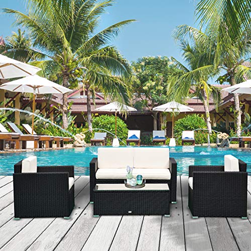 Outsunny 4 Piece Wicker Patio Furniture Set With Cushions, Outdoor Sectional Furniture With 2 Sofa, Loveseat, And Glass Top Coffee Table, Conversation Sofa Sets For Garden, White #TOP1