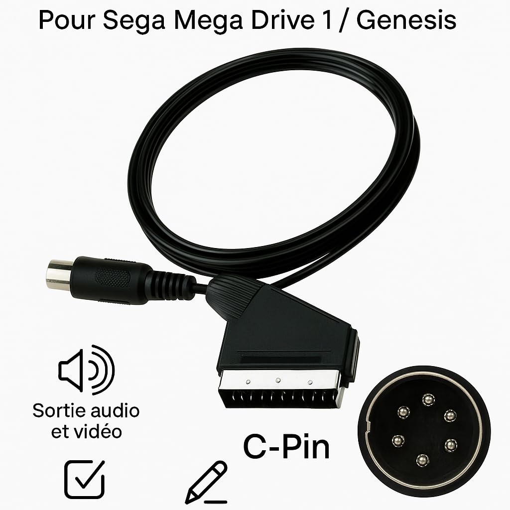 Câble Péritel AV RGB SCART pour Sega Megadrive 1 version C-Pin – Compatible Genesis JAP/US – Haute Qualité Audio/Vidéo – 1,8 m