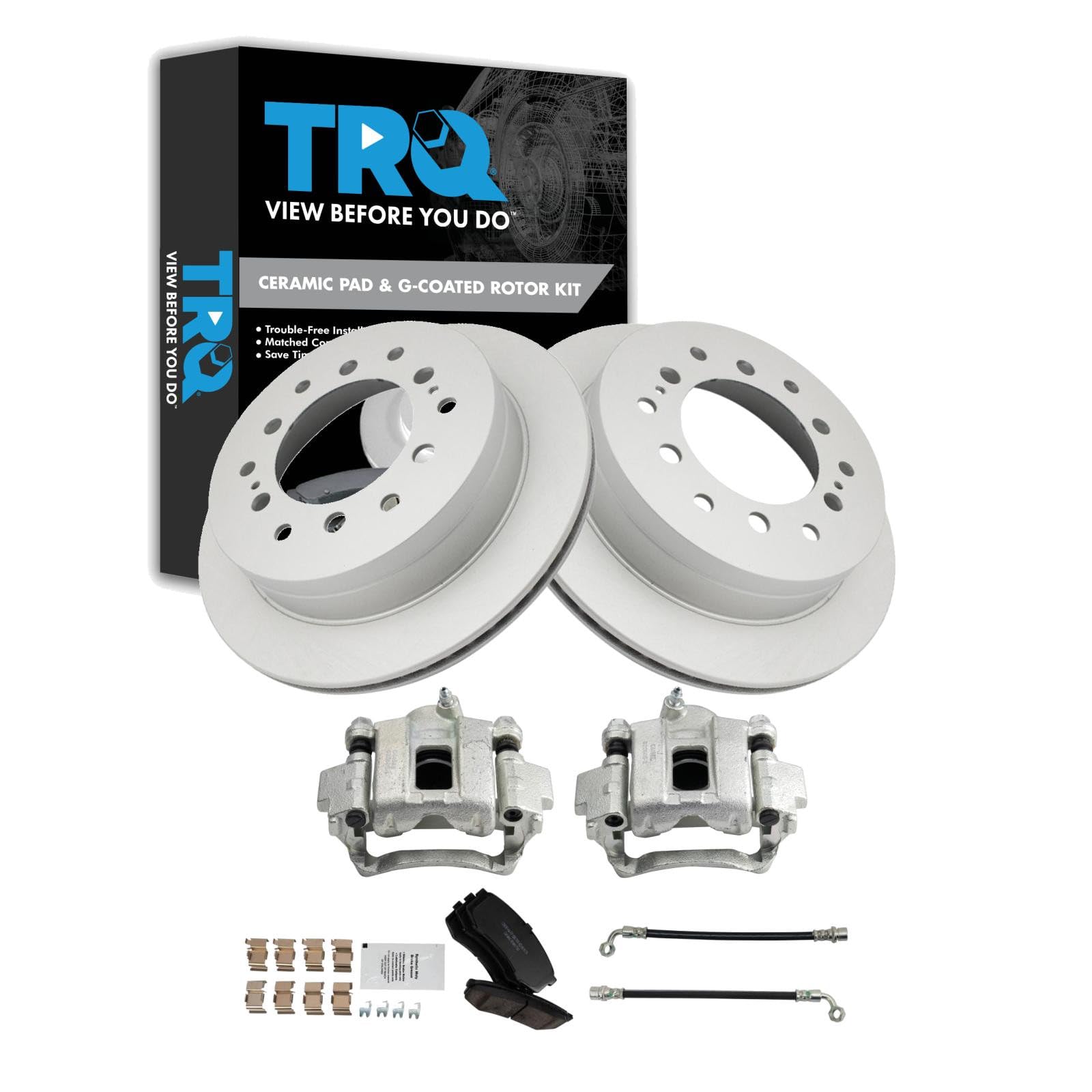 TRQ Rear Brake Pad and Rotor Set Ceramic G Coated Rotors Calipers Compatible with 2003-2009 Lexus GX470
